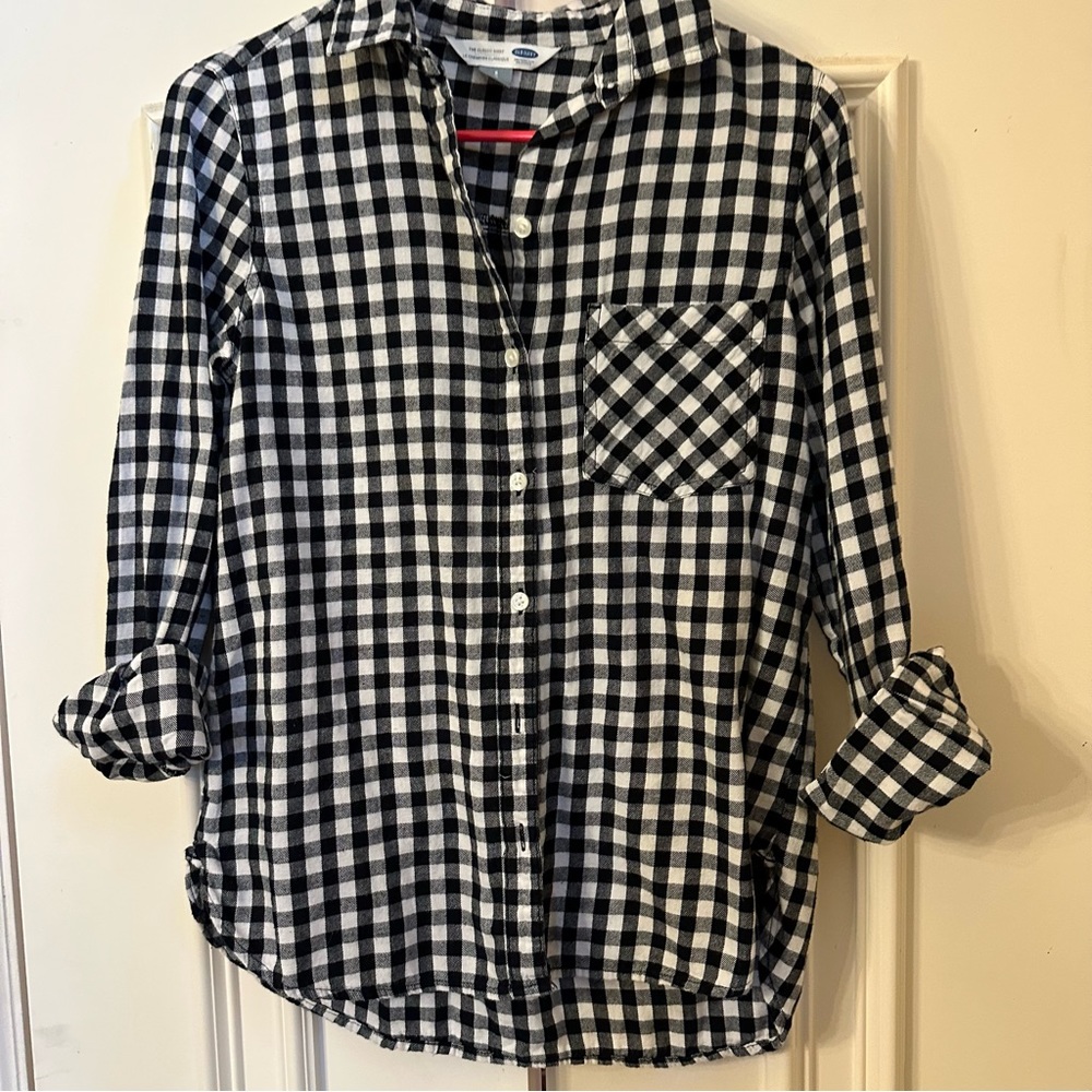 OLD NAVY CLASSIC FLANNEL SHIRT GINGHAM BLACK WHITE women size S